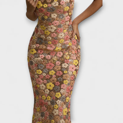 Vibrant Floral Sequin Evening Maxi Dress