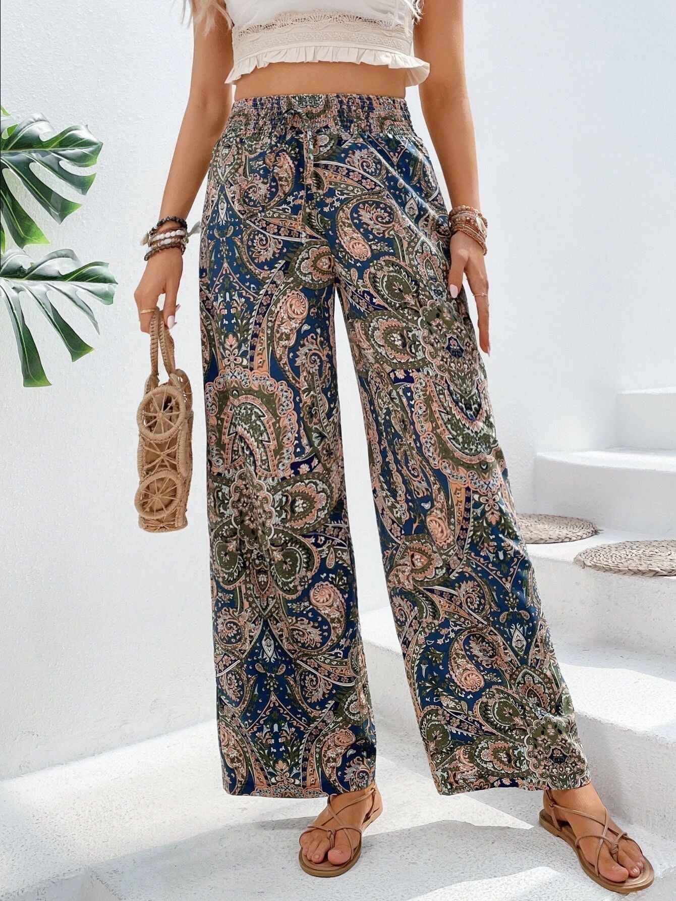 Relaxed Fit Womens Wide Leg Pants with Side Pockets