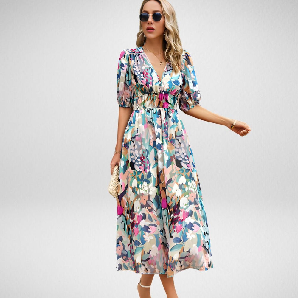 Casual V Neck A Line Mini Dress Abstract Pattern