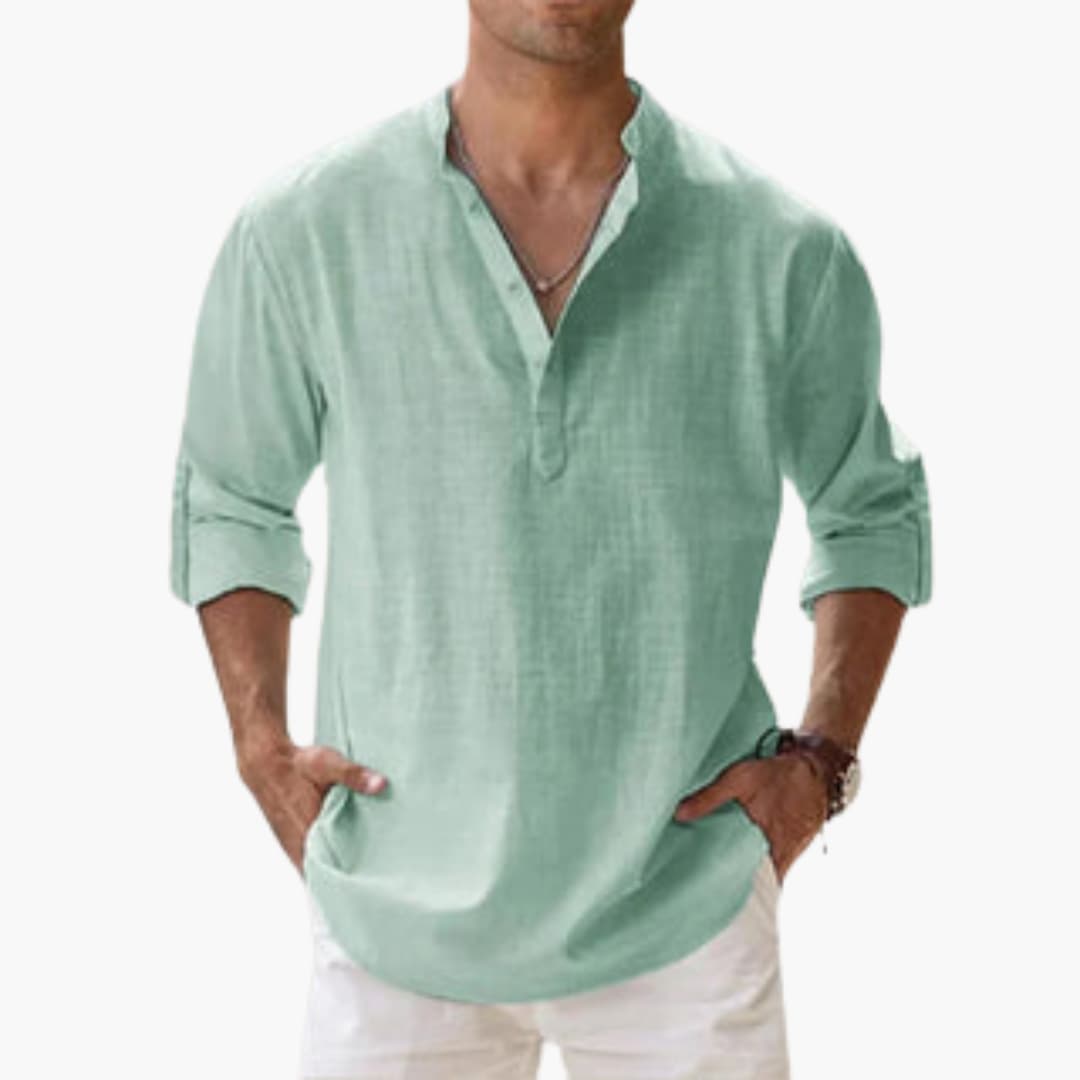 Relaxed Fit Men's Linen Henley Shirt Long Sleeve
