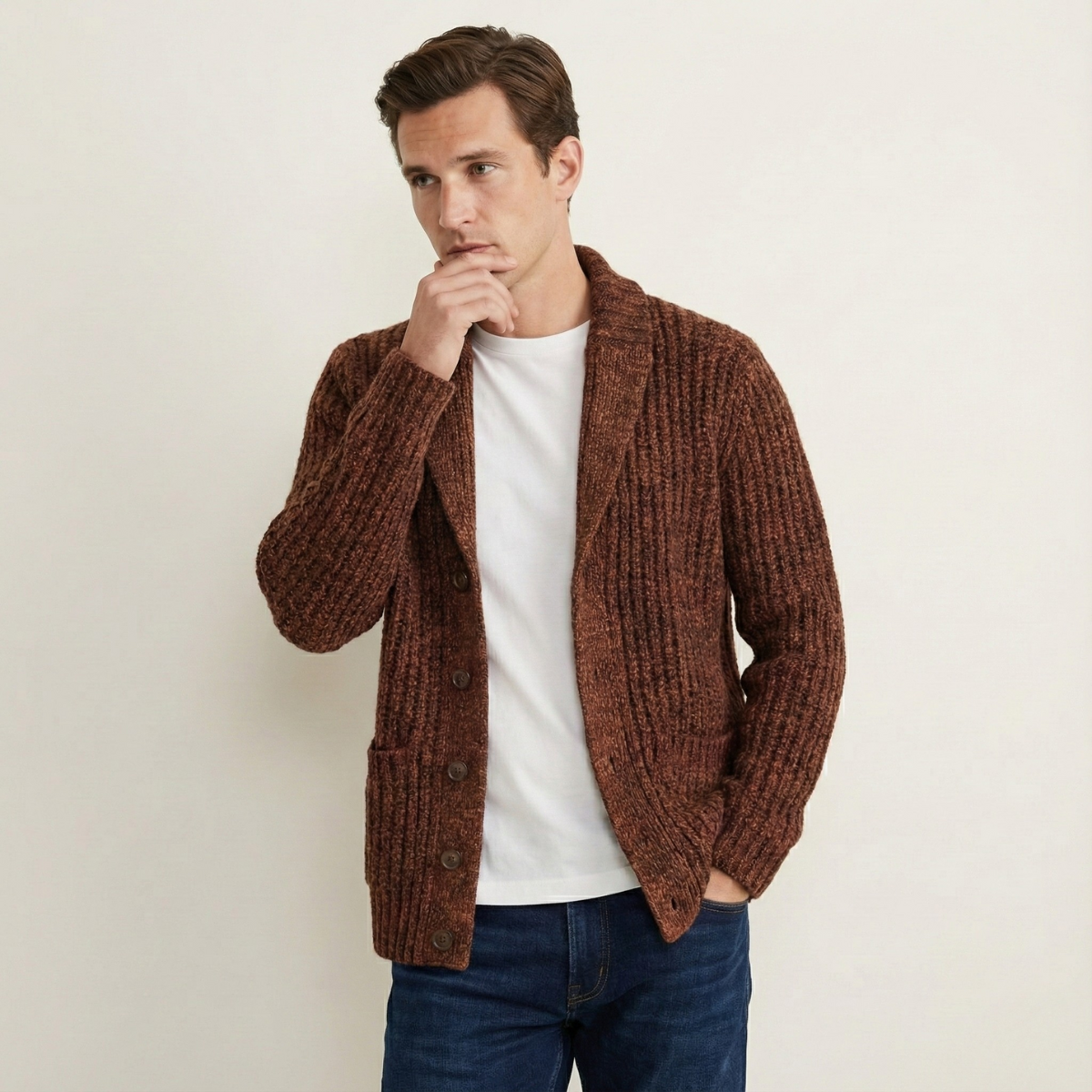 Thick Knit Men's Shawl Collar Sweater Cardigan
