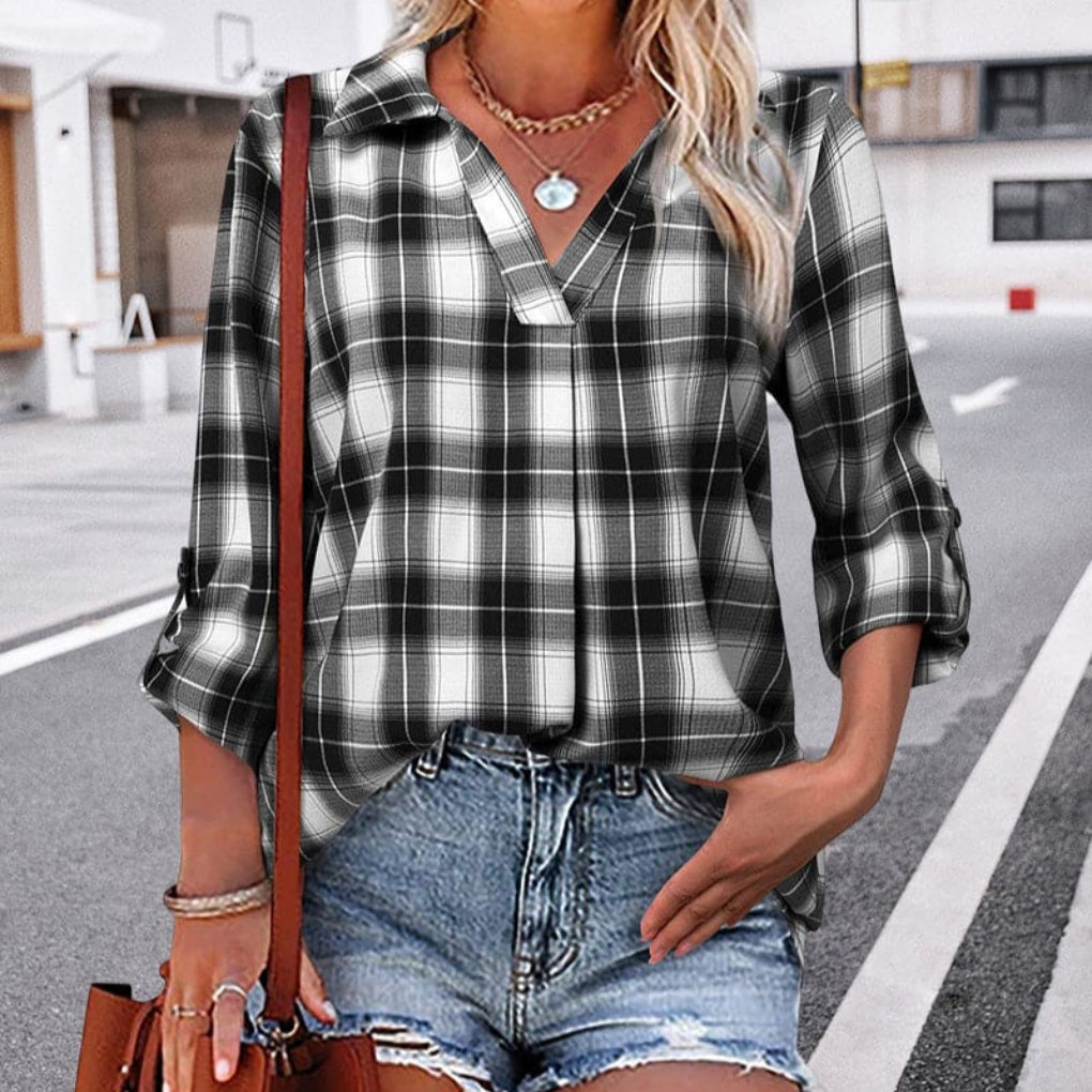 Classic Plaid V Neck Button Down Shirt - Olytrend