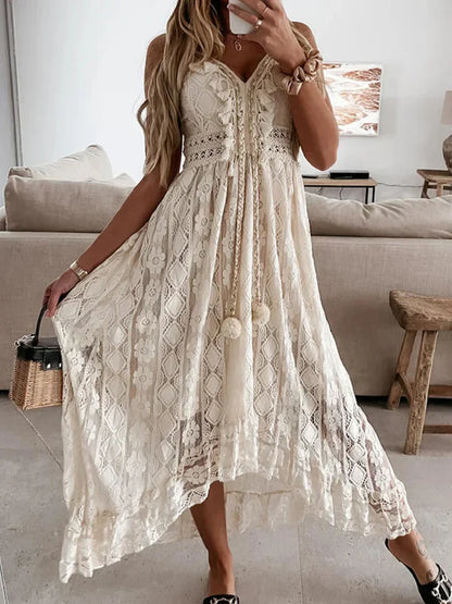 Flowy Long Dress with Lace and Bell Sleeves