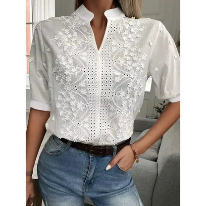Lightweight V Neck Embroidered White Top - Olytrend