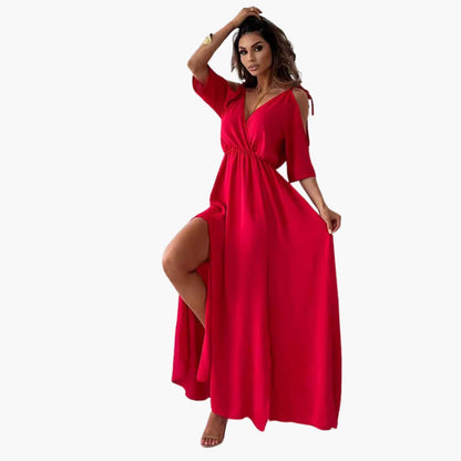 Elegant Long Dress with V Neck and High Slit