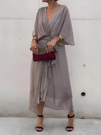 Elegant Long Sleeve Midi Wrap Dress