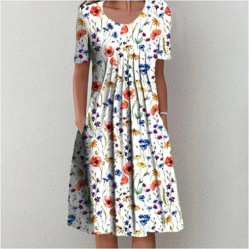 Floral A-Line Knee Length Dress with Pockets - Nocini