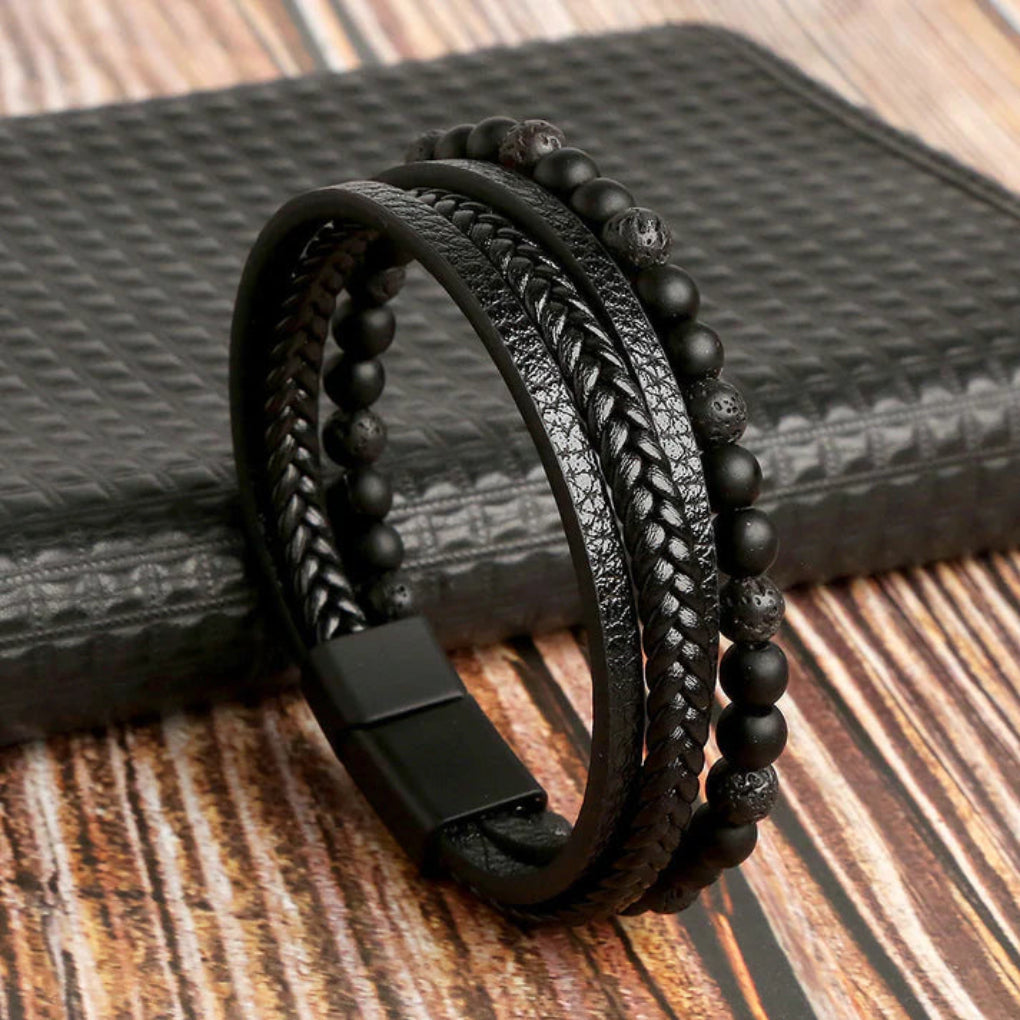 Men's Genuine Leather and Beaded Wristband