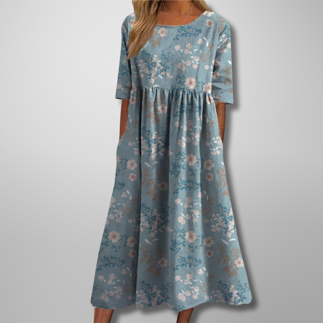 Ladies Vintage Floral A-Line Maxi Dress with Cap Sleeves