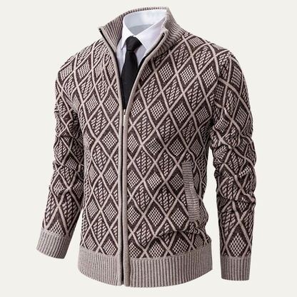 Men's Diamond Quilted Zip Up Knit Jacket with High Collar