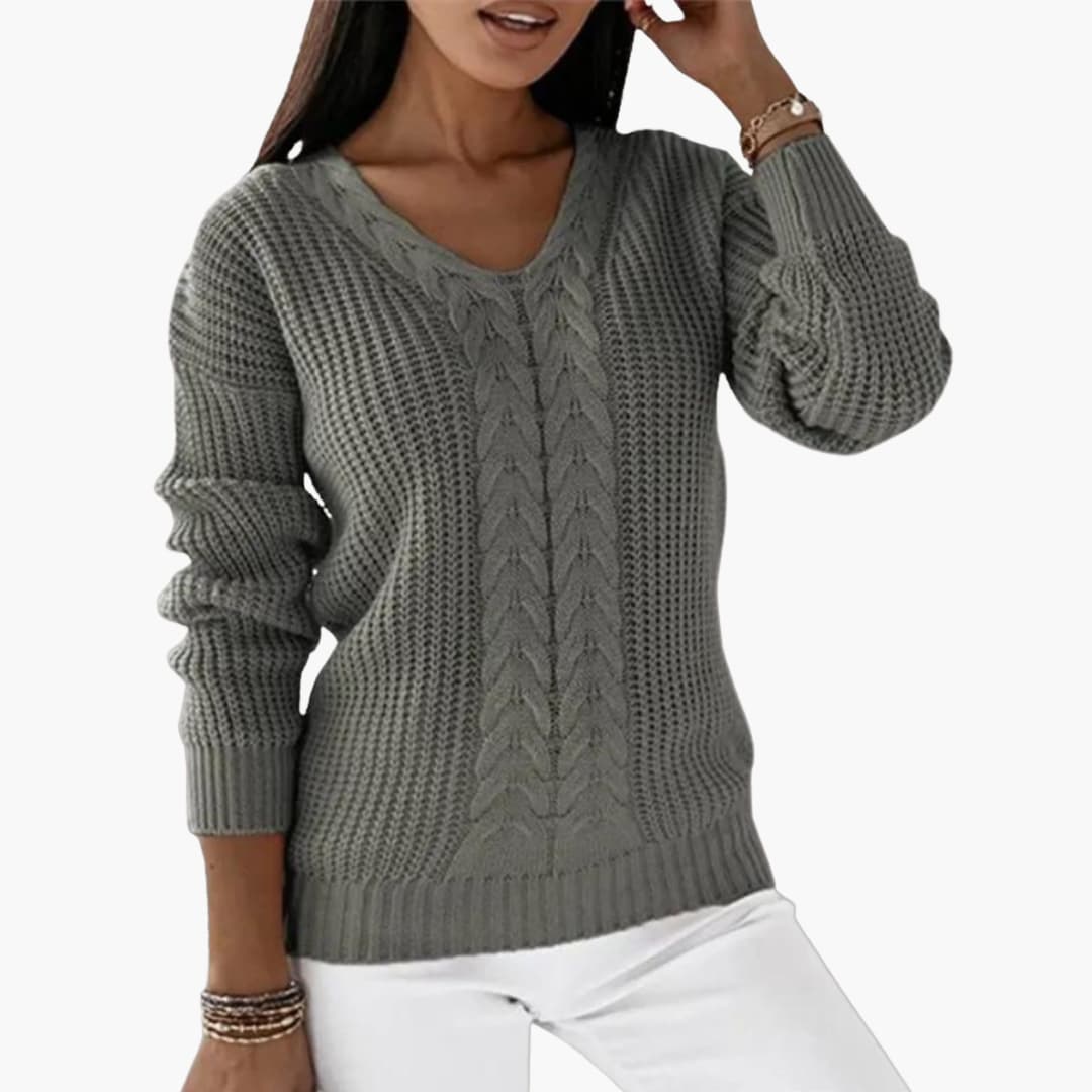 Women's V Neck Cable Knit Sweater - Olytrend