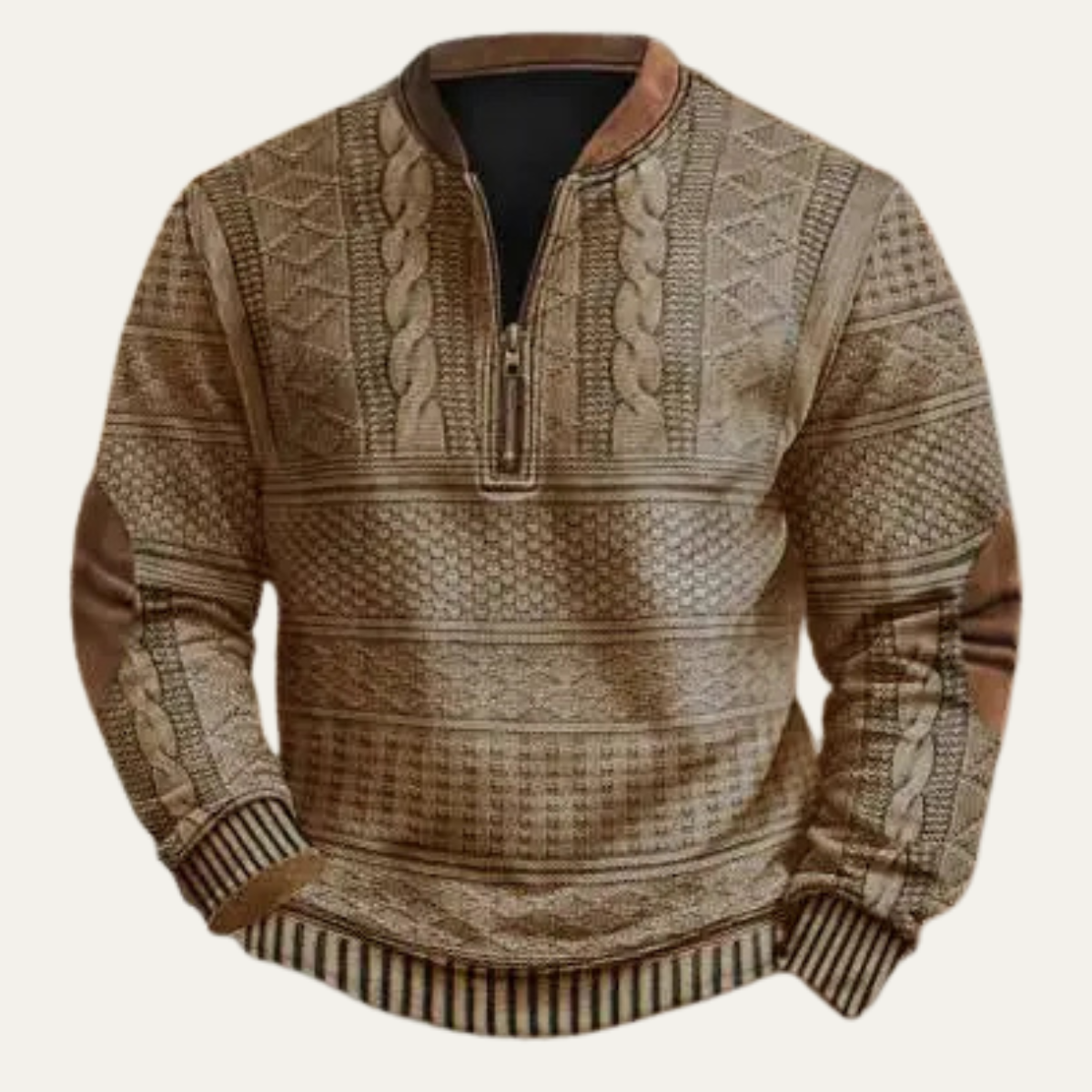 Men's Fashionable Textured Zip Sweater with Patch Details