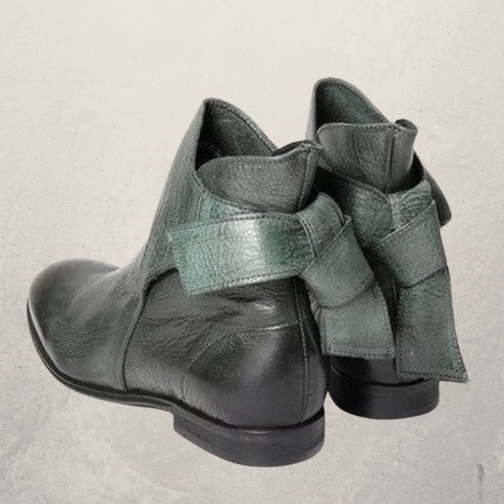 Ladies Leather Ankle Boots with Bow and Low Heel