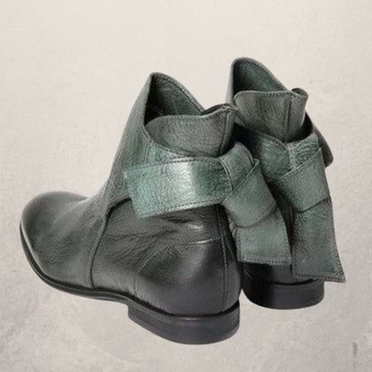Ladies Leather Ankle Boots with Bow and Low Heel