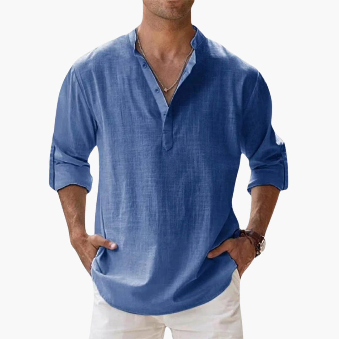 Relaxed Fit Men's Linen Henley Shirt Long Sleeve