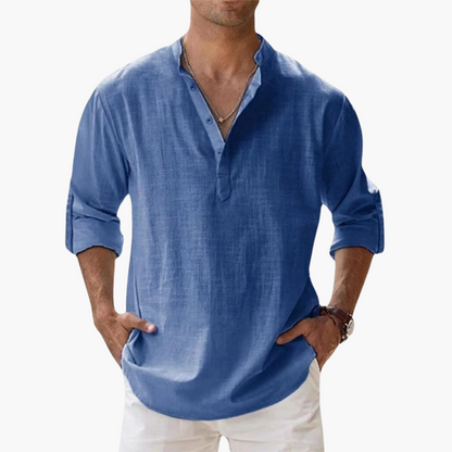 Relaxed Fit Men's Linen Henley Shirt Long Sleeve