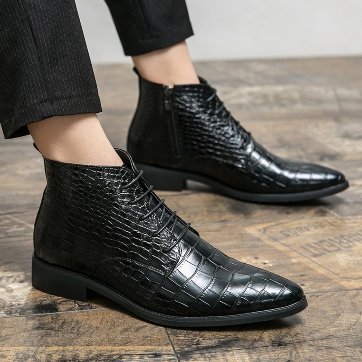 Men's Black Alligator Print Leather Ankle Boots