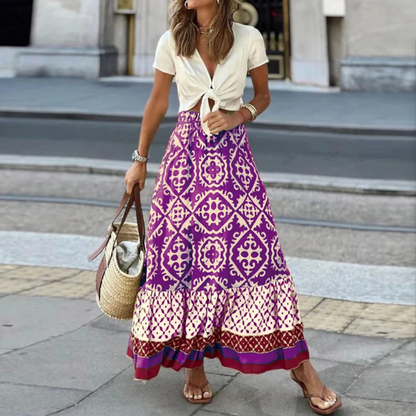 Flowy Long Skirt with Geometric Print and Tiered Hem