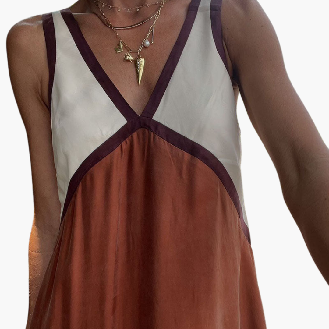 Casual V Neck Long Dress for Women Colorblock Style