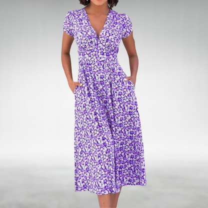 Ladies' Pretty Flower V-Neck Summer Dress with Pockets