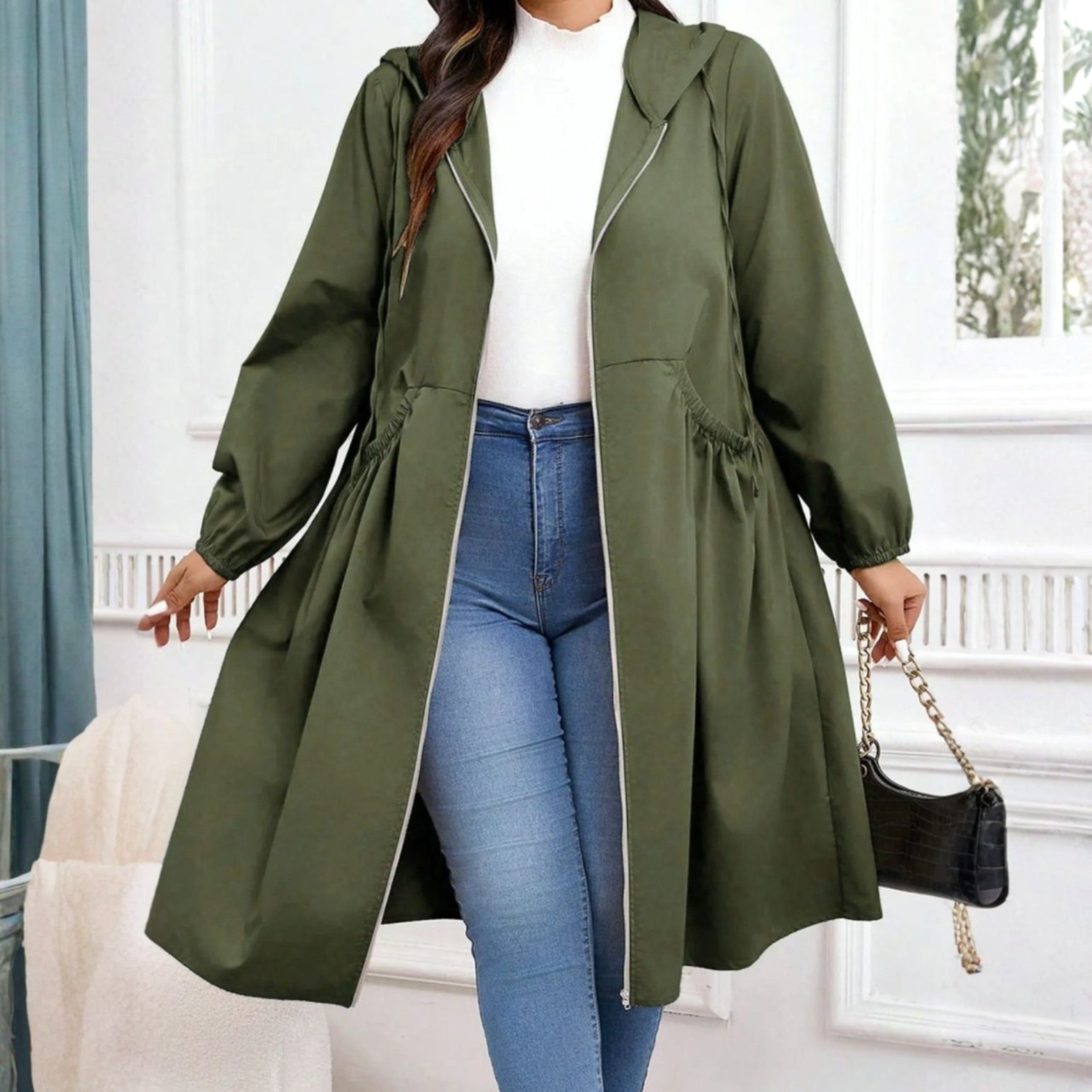 Relaxed Fit Plus Size Hooded Zip Up Winter Coat