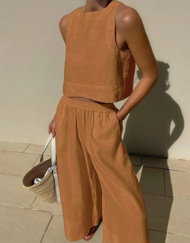 Elegant Ladies Linen Crop Top and Pants Set