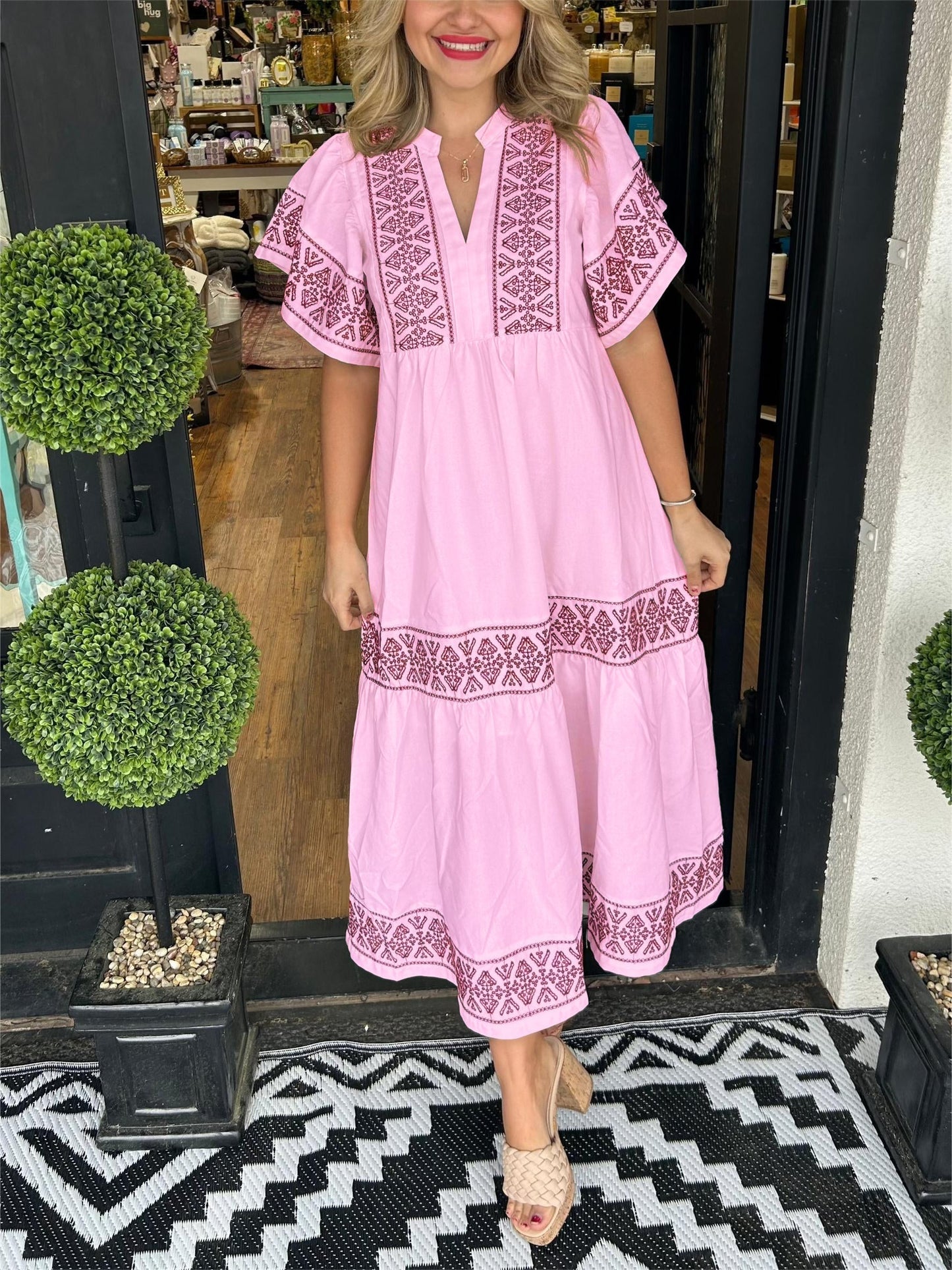 Ladies' Floral V-Neck Summer Midi Dress with Cap Sleeves