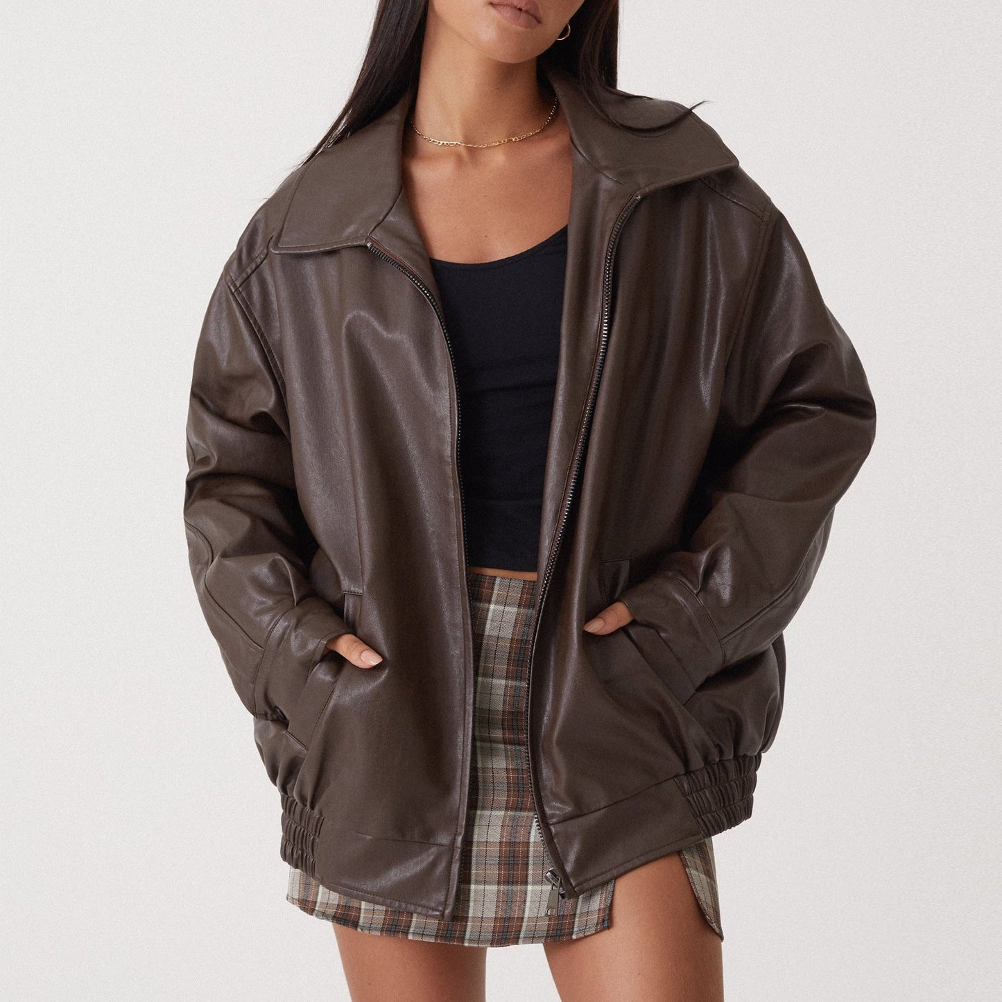 Rue | Women's Chic Large Leather Aviator Jacket