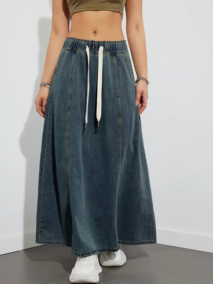 Relaxed Fit Denim Maxi Skirt with Elastic Waist