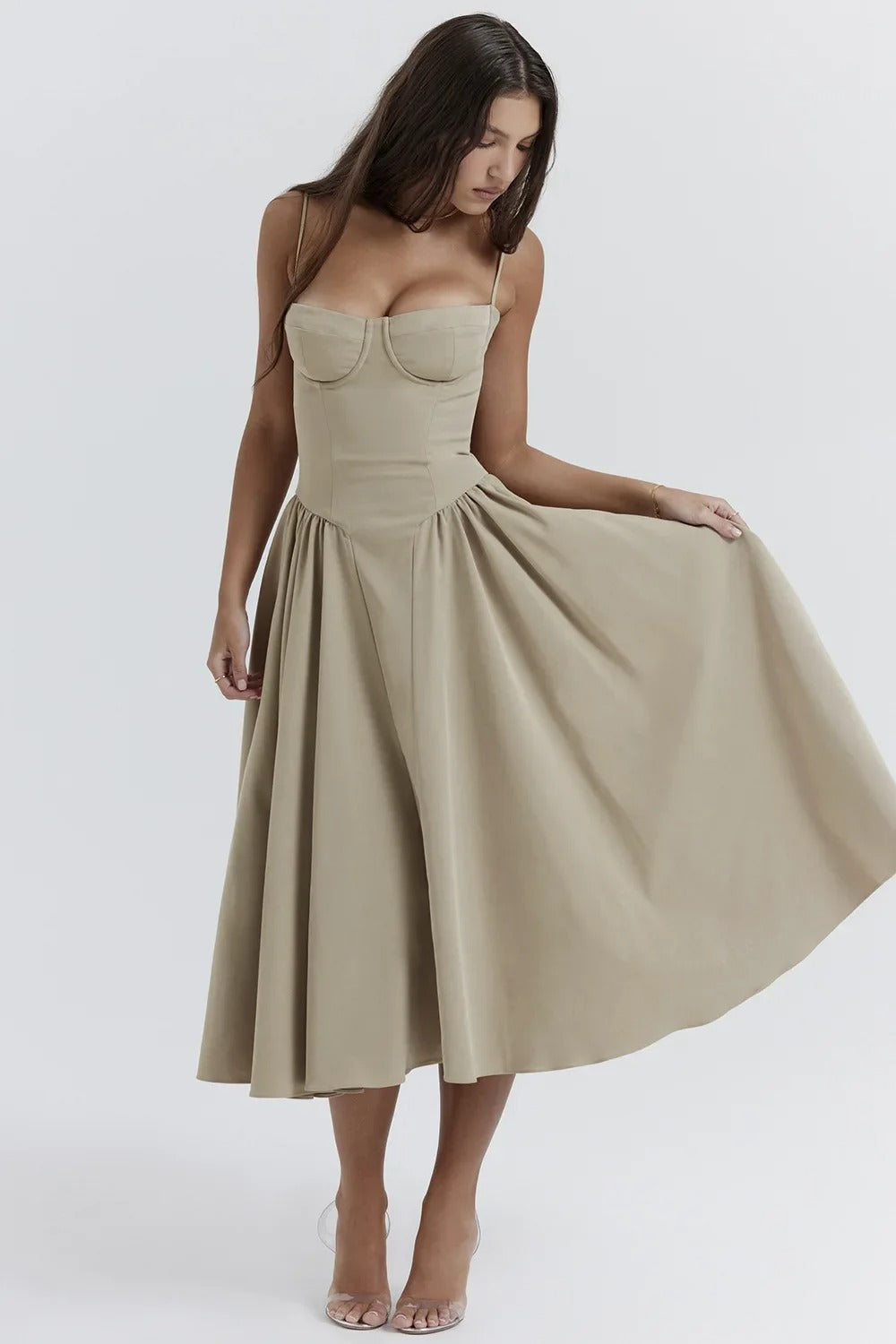 Elegant Women's A-Line Midi Dress with Thin Straps