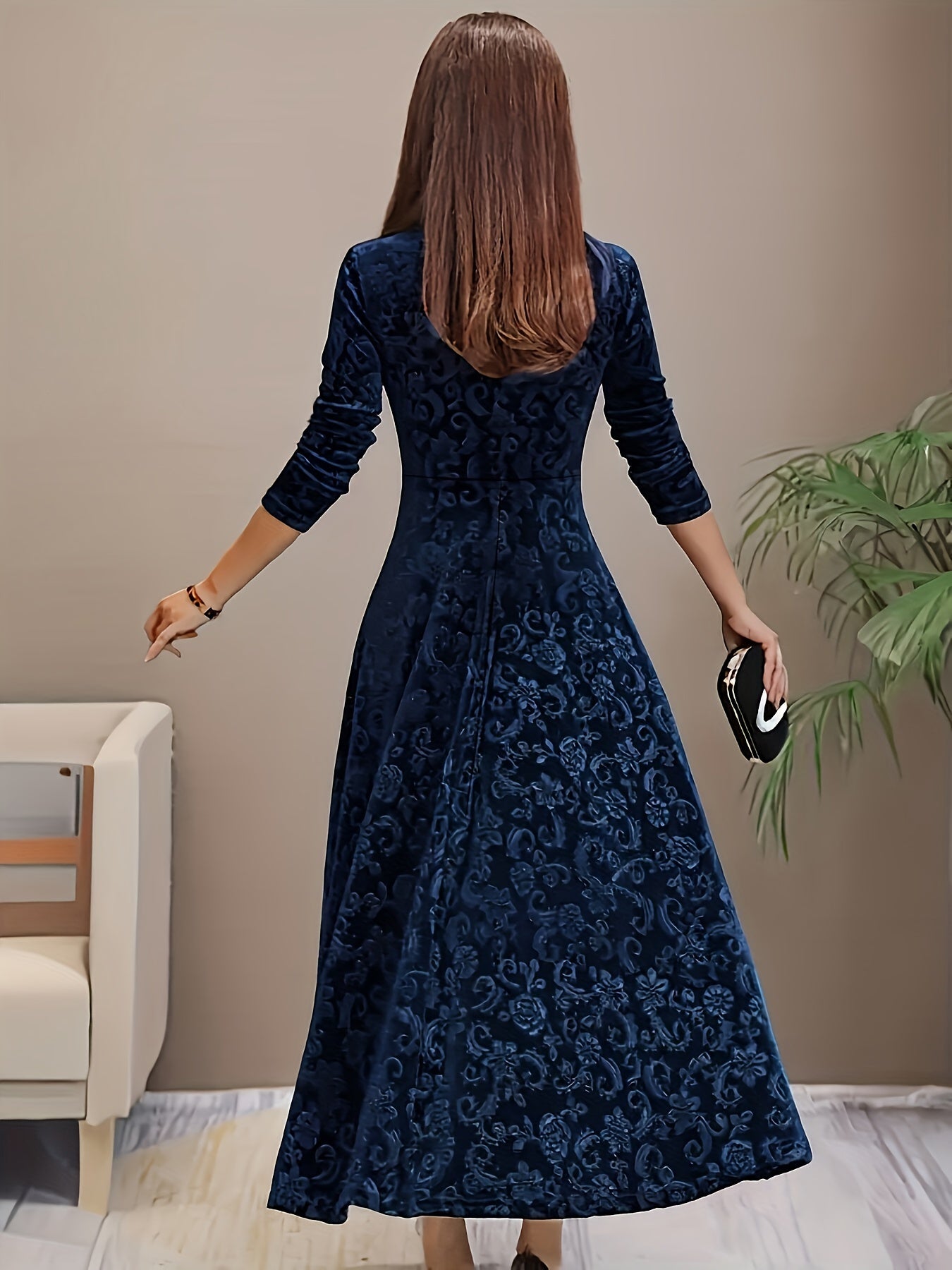 Ladies Elegant Embroidered Velvet Long Dress