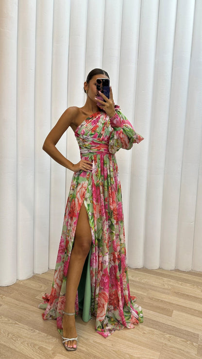 Women's Floral Maxi Dress with One Shoulder Style