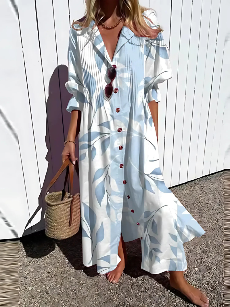 Loose Fit Maxi Dress with Leaf Pattern and Buttons - Nocini