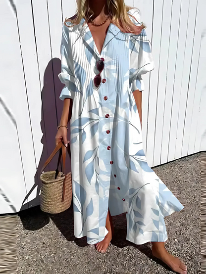 Loose Fit Maxi Dress with Leaf Pattern and Buttons - Nocini