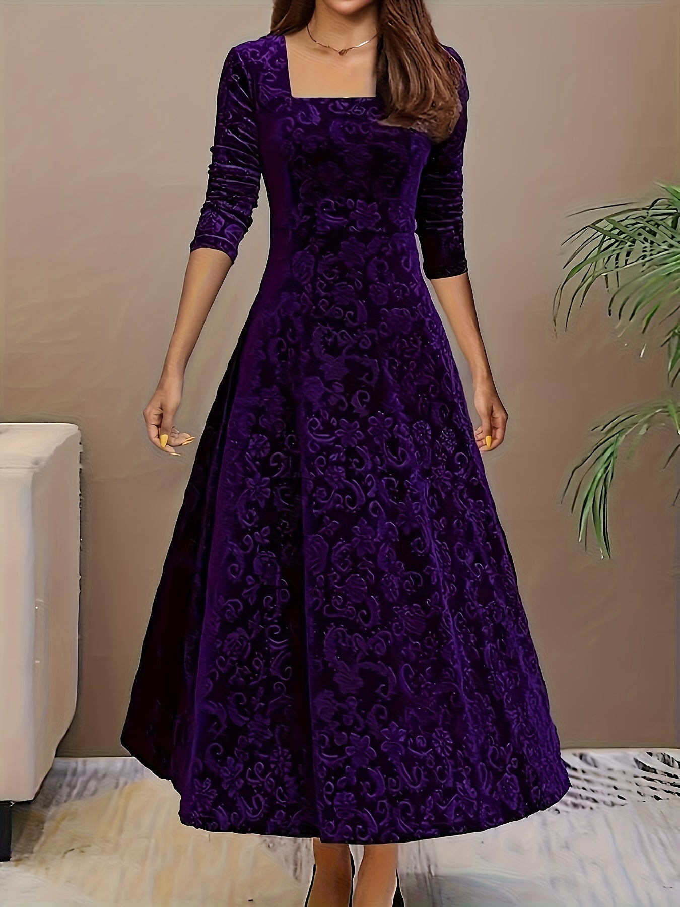 Ladies Elegant Embroidered Velvet Long Dress