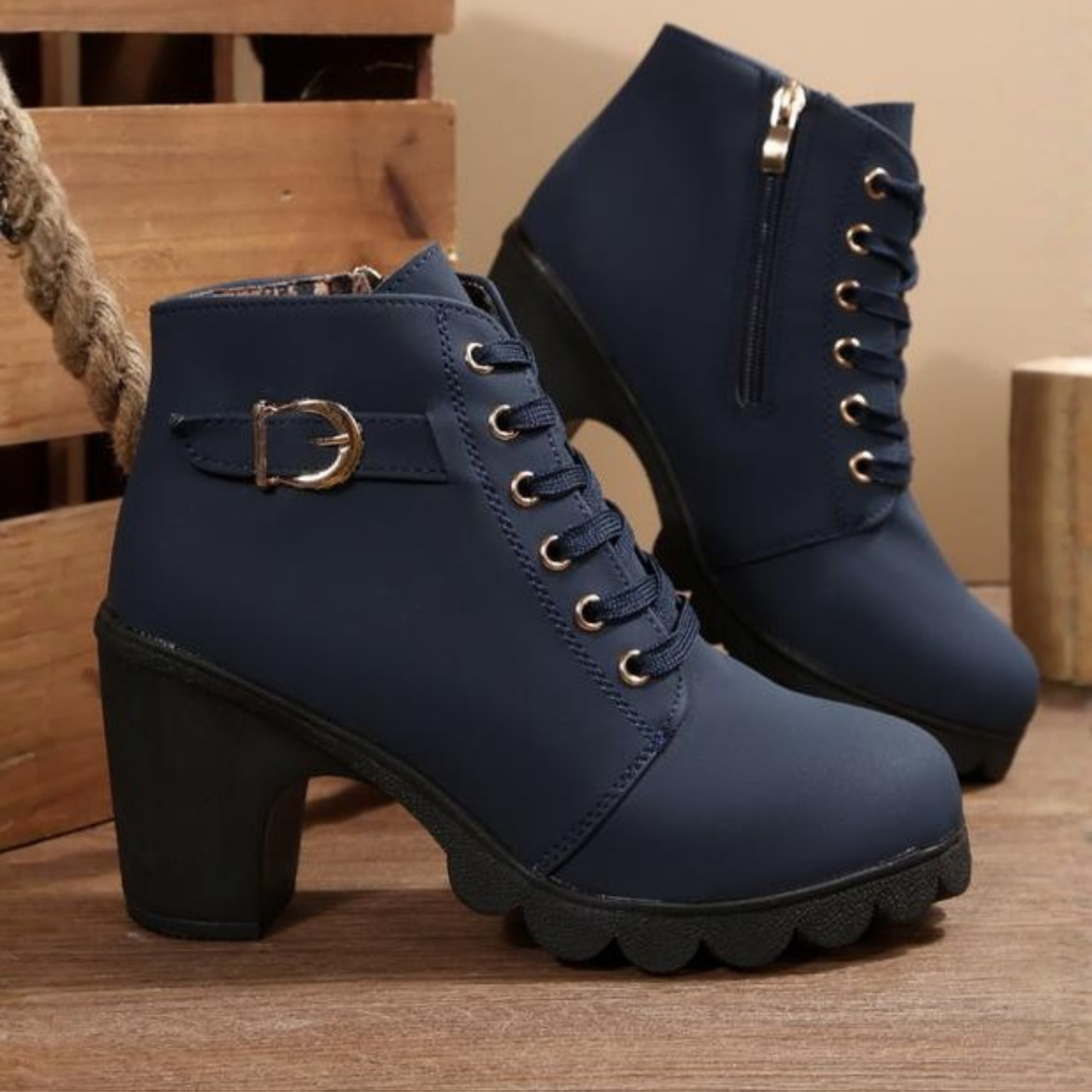 Fashionable Buckle Detail Block Heel Boots