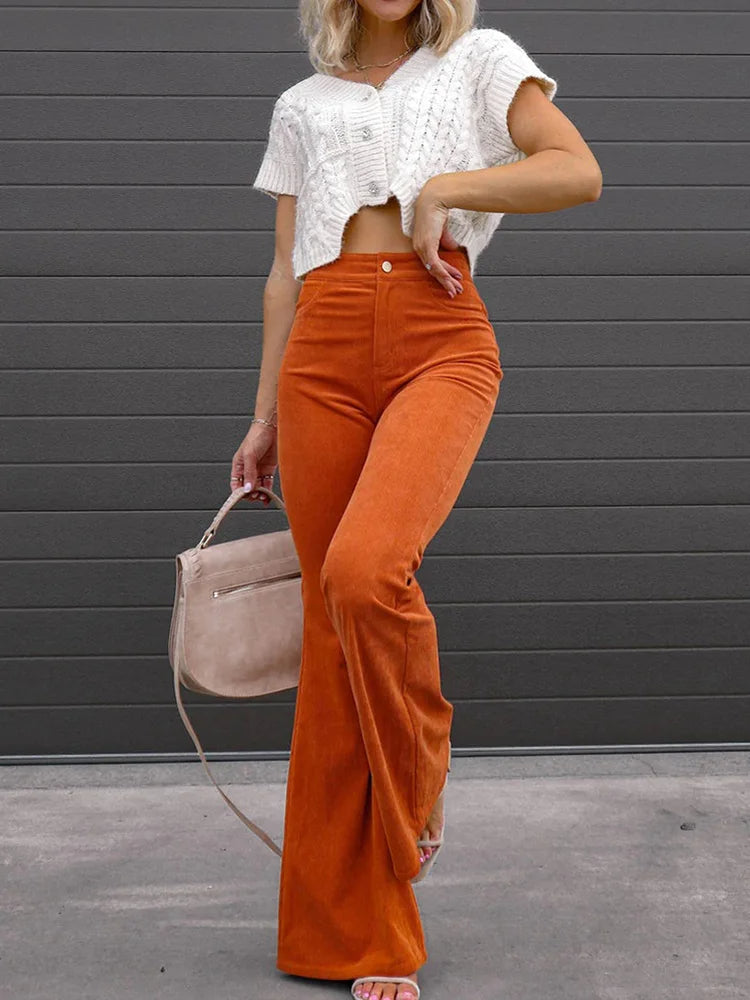 Fashionable Women's High Waist Corduroy Jeans Pants