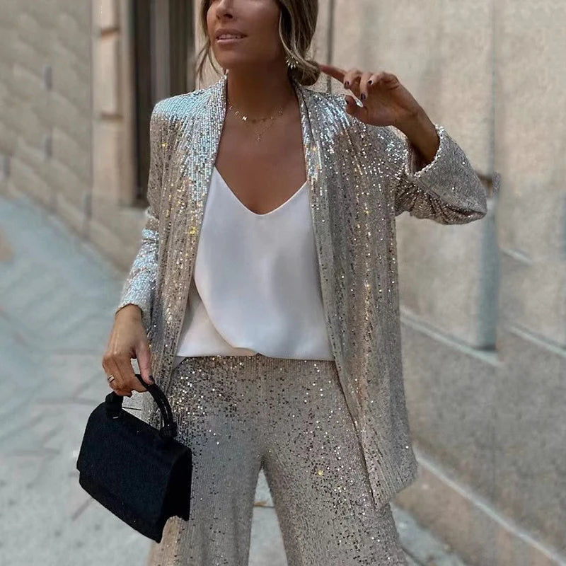 Glittery 2-Piece High Waist Pants Set