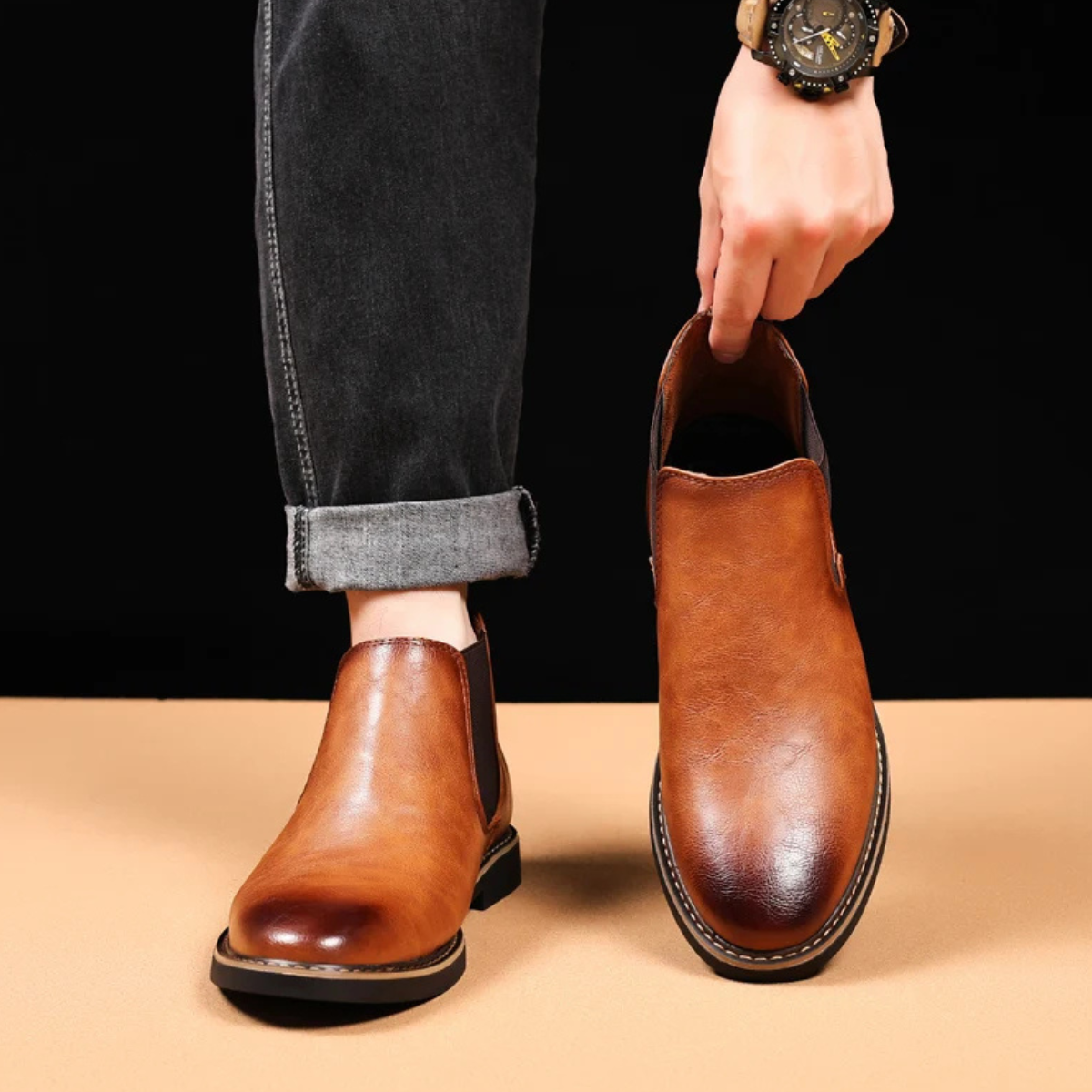 Comfortable Men's Leather Slip On Chelsea Ankle Boots