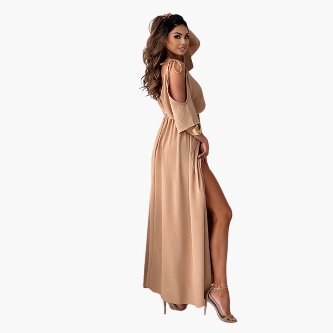 Elegant Long Dress with V Neck and High Slit