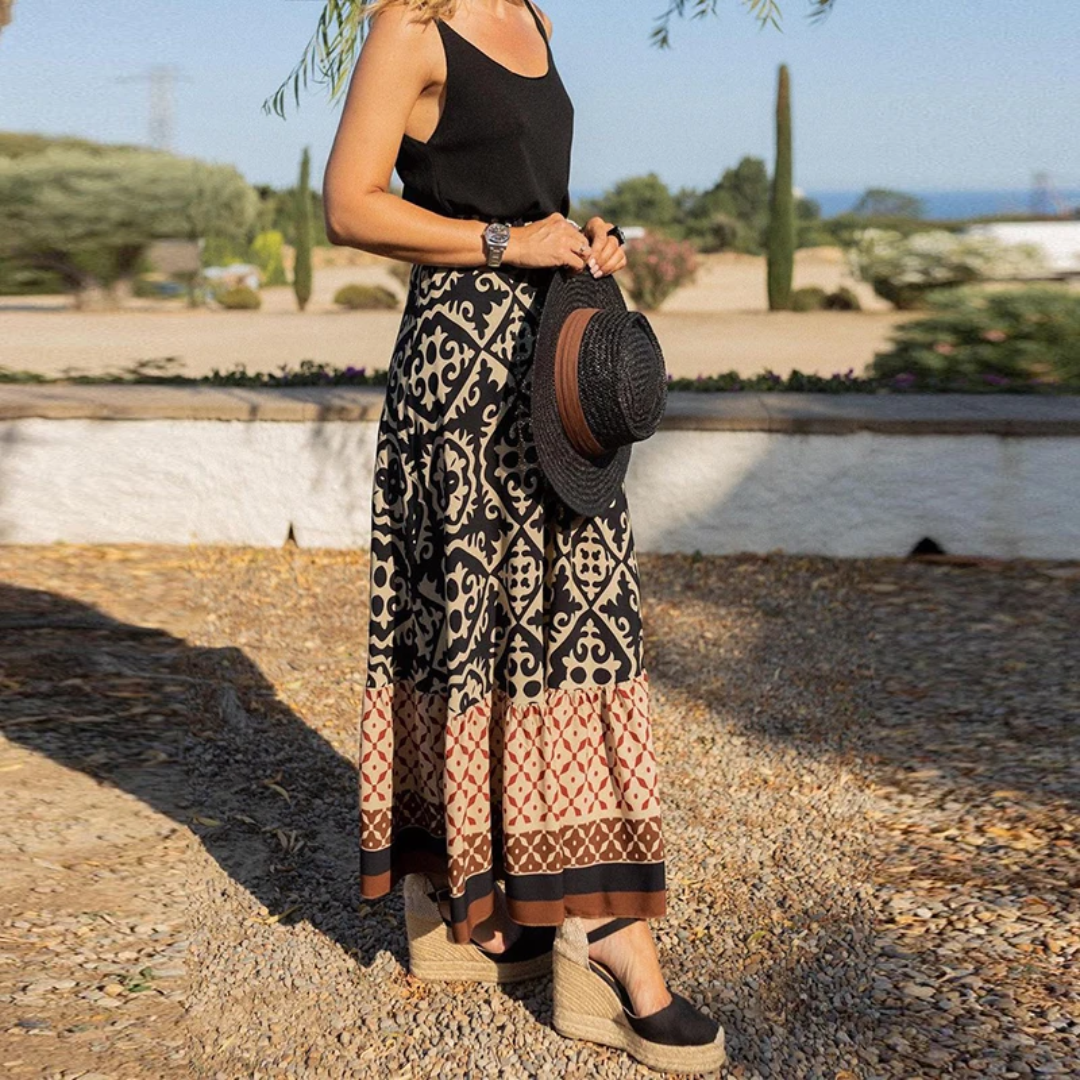 Flowy Long Skirt with Geometric Print and Tiered Hem