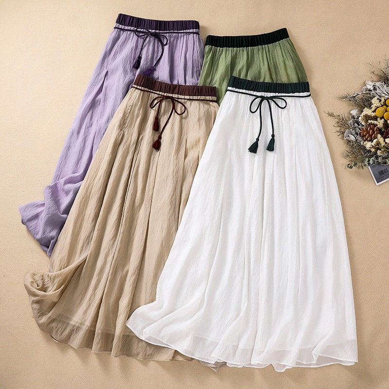 Flowy Long Skirt with Embellished Waist and Fringe Trim
