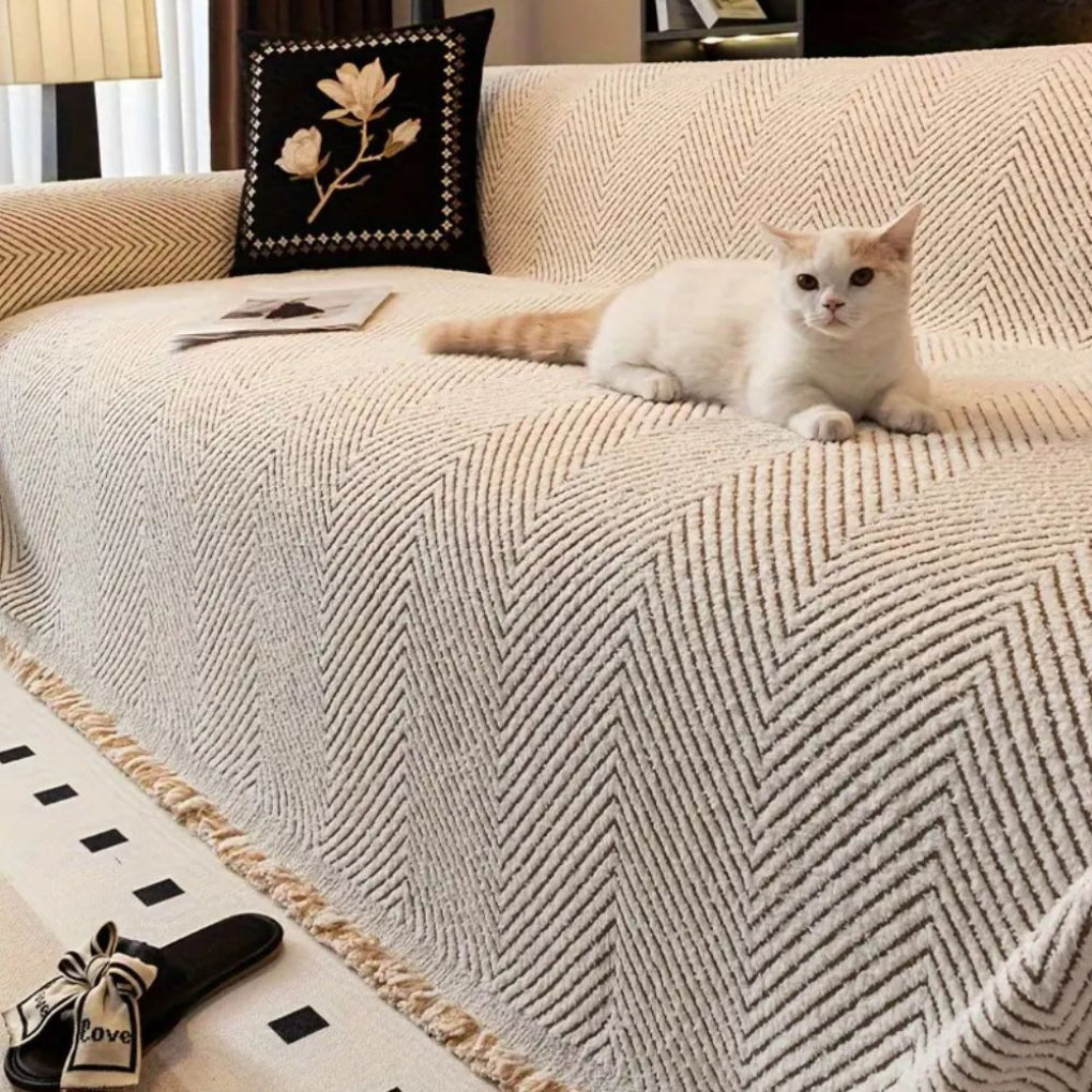 Plush Beige Throw Blanket with Tassel Trim - Olytrend