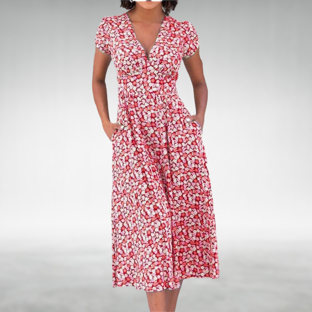 Ladies' Pretty Flower V-Neck Summer Dress with Pockets