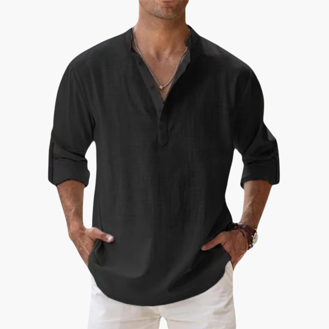 Relaxed Fit Men's Linen Henley Shirt Long Sleeve