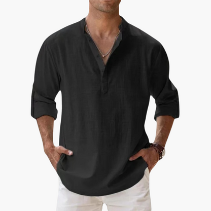 Relaxed Fit Men's Linen Henley Shirt Long Sleeve