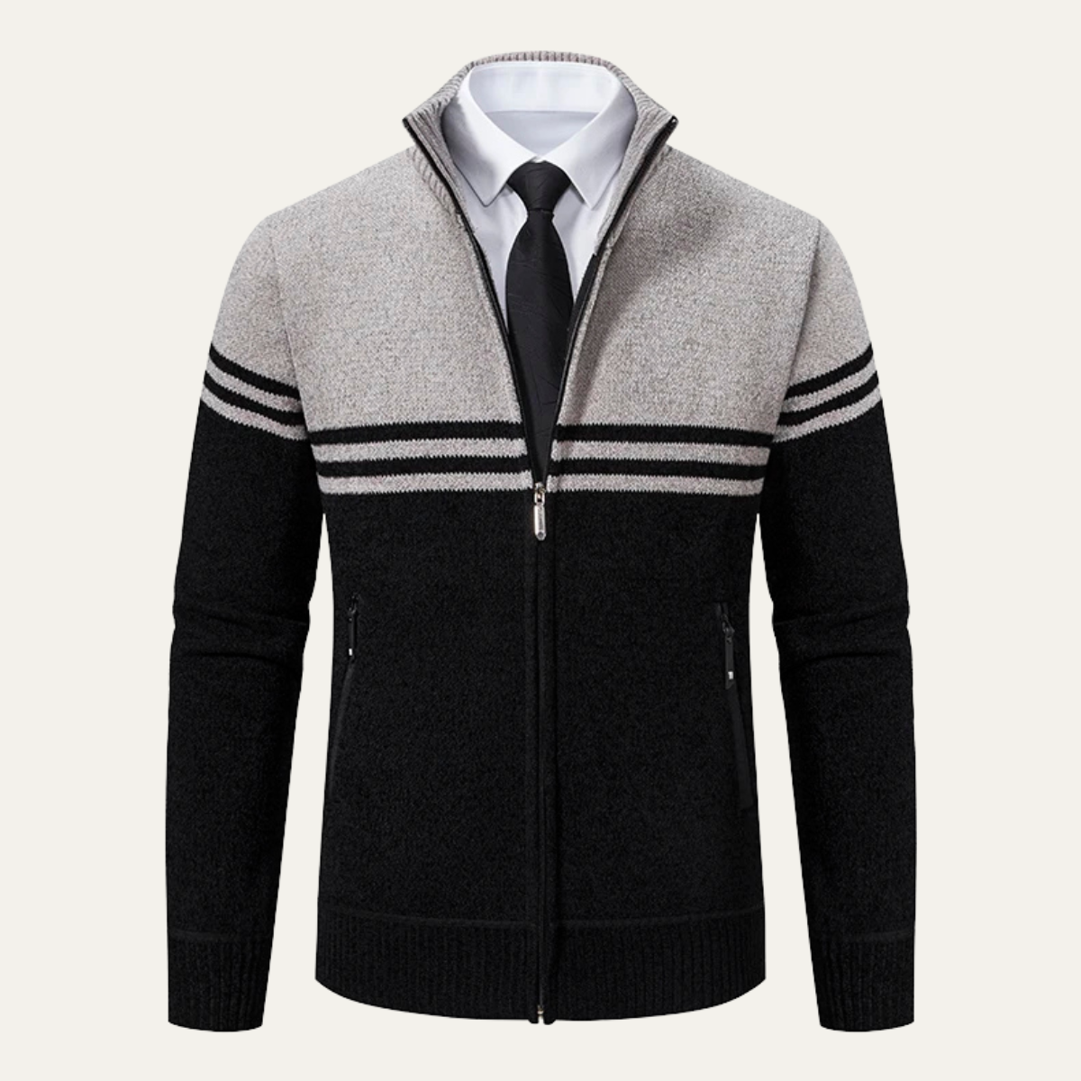 Warm Men's Striped Fleece Lined Knit Jacket Sweater
