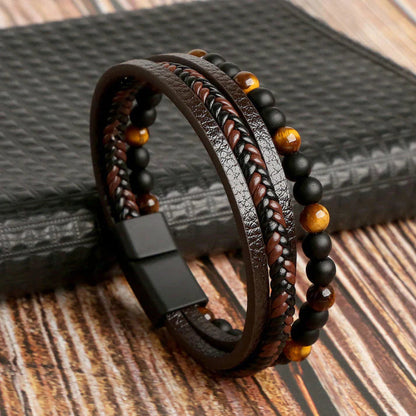 Men's Genuine Leather and Beaded Wristband - Olytrend