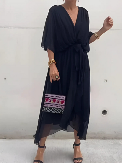 Flattering V-Neck Wrap Dress with Loose Fit Sleeves