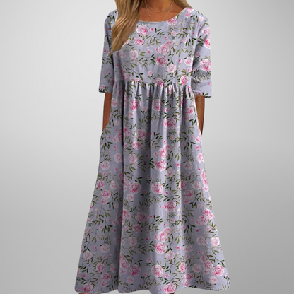 Ladies Vintage Floral A-Line Maxi Dress with Cap Sleeves